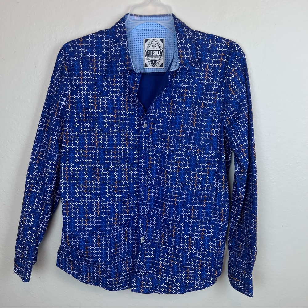 Pitbull brand casual button front shirt-blue with geo-print-Men’s Large